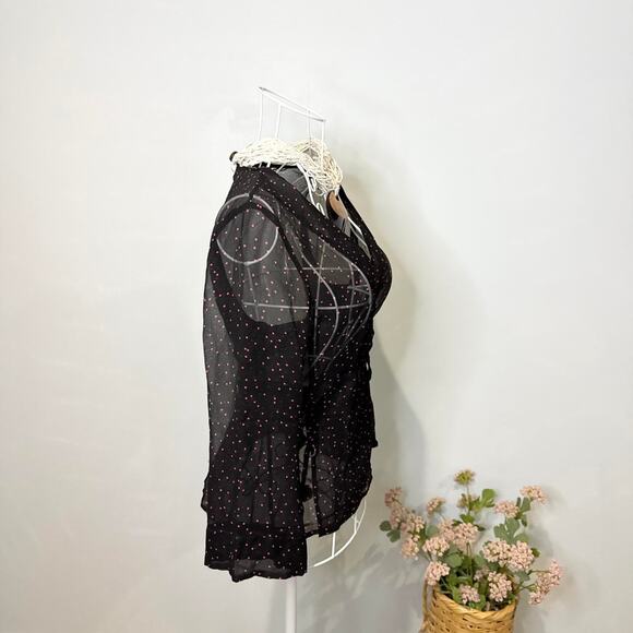 Hot pink & black polka dot silky vintage 90s wrap tie long sleeve blouse top - Picture 3 of 6